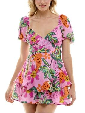 Crystal Sky Tropical Floral Puff Sleeve Mini Dress XL Farm Rio Inspired